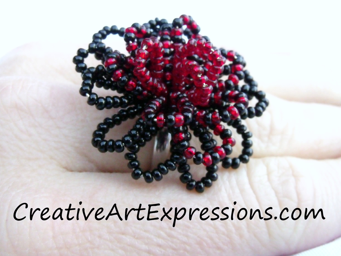 Creative Art Expressions Handmade Black & Red Seed Bead Flower Ring Jewelry Design